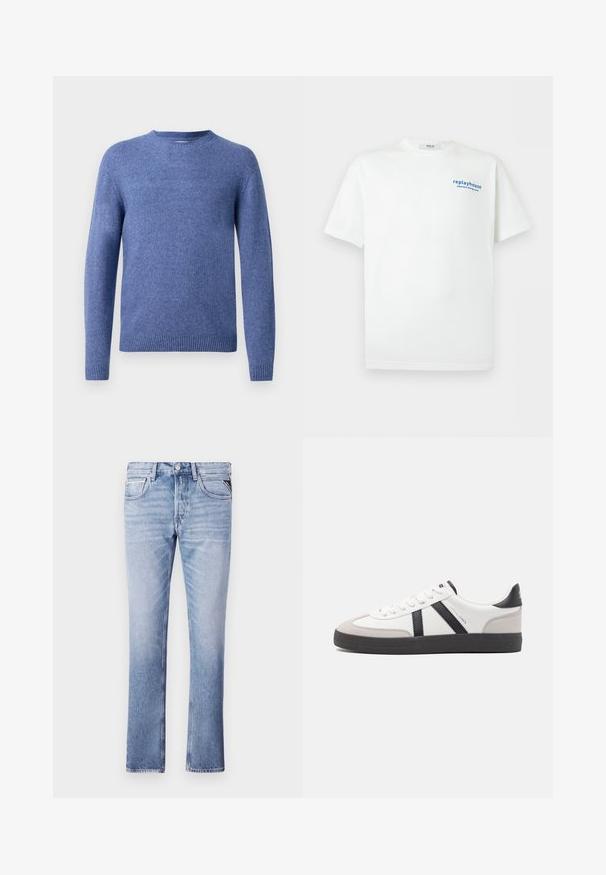 Blauwe gebreide trui met een ronde hals, lange mouwen en ribbelboord. Zachte textuur en uniforme kleur zonder patronen of versieringen.; Witte T-shirt met korte mouwen met kleine blauwe tekst "replayhouse japanese dining room" op de bovenste linkerborst.; Lichtblauwe denim jeans met een rechte pijpdesign, vijf zakken en zichtbare stikseldetails. Fluweelzachte textuur en klassieke pasvorm.; Witte sneaker met zwarte en grijze accenten, voorzien van een grijze neus met textuur, zwarte rubberen zool en platte witte veters. Schoon ontwerp, minimalistische stijl.