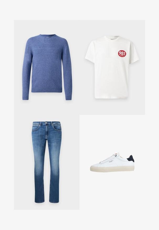Blauwe gebreide trui met een ronde hals, lange mouwen en ribbelboord. Zachte textuur en uniforme kleur zonder patronen of versieringen.; Witte katoenen t-shirt met een ronde rode logo op de linkerborst met de tekst "981 REPLAY". Korte mouwen en een standaard pasvorm.; Blauwe denim jeans met een rechte snit, voorzien van lichte vervaging, vijf zakken en een knoop-en-rits sluiting. Genaaide details langs de naden.; Witte lage sneaker met een beige zool, witte veters, zwarte hielstrook en het logo "Pepe Jeans London" aan de zijkant.