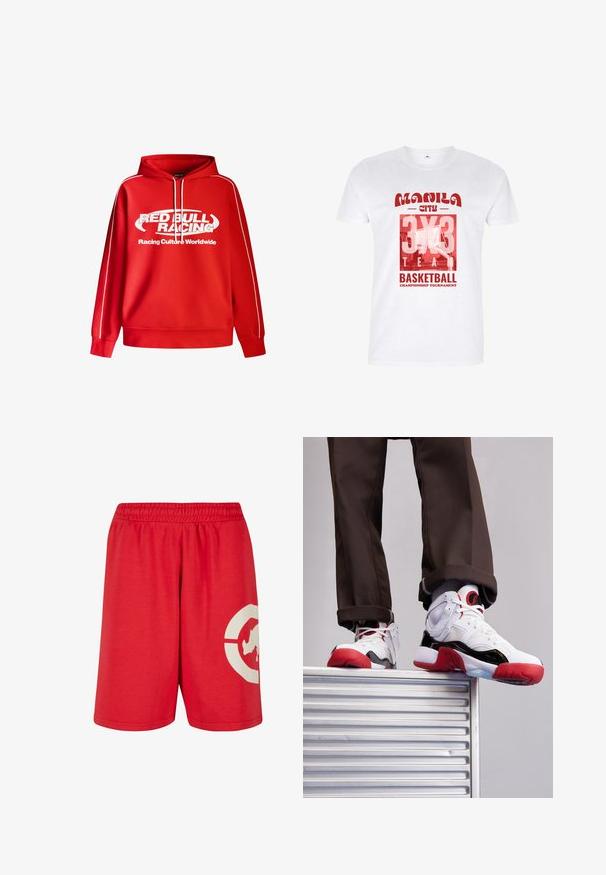 Rote Kapuzenjacke mit weißen Kordeln und seitlichen Paspeln. Mit "RED BULL RACING"-Logo und Slogan in großer weißer Schrift auf der Vorderseite.; Weißes T-Shirt mit rotem Text „Manila City 3x3 Team“ und „Basketball Championship Tournament“ über einer Basketballkorb-Grafik.; Rote Baumwollkurzshorts mit einem elastischen Bund, versehen mit einem großen weißen Grafikdesign am linken Bein und einer glatten Textur.; Weiße und schwarze Sportschuhe mit roten Akzenten. Aus Mesh- und Leder-Materialien gefertigt, mit runder Zehenpartie und strukturiertem Gummisohle.