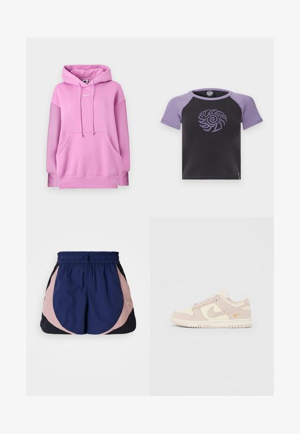 Ružová mikina s kapucňou značky Nike, predným vreckom, nastaviteľnou šnúrkou na kapucni a bielym logom Nike uprostred na hrudi.; Čierna krátkosrstá košeľa s bledofialovými raglánovými rukávmi a zodpovedajúcim vyšívaným dizajnom špirály slnka na hrudi.; Športové šortky Nike s elastickým pásom, s námorníckymi, ružovými a čiernymi panelmi. Vyrobené z ľahkej, textúrovanej látky.; Nízkoprofilová teniska Nike v béžovej a krémovej farbe s semišovými panelmi, šnúrkami a malým vyšívaným oranžovým logom na päte.
