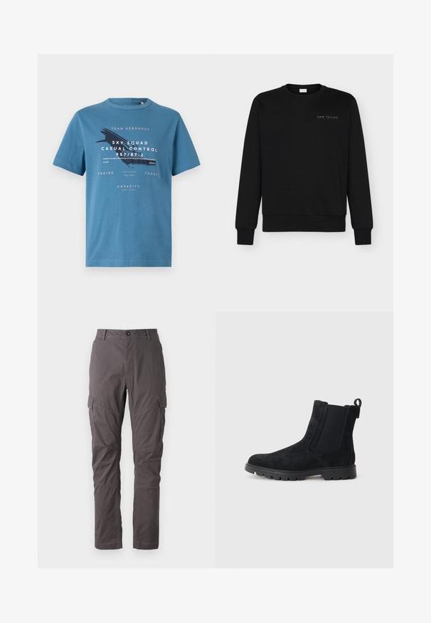Zwarte sweatshirt van katoenmix, met lange mouwen, een ronde hals, elastische manchetten en een klein reliëflogo op de borst.; Blauwe katoenen t-shirt met korte mouwen, met grafische tekst en een vliegtuigontwerp aan de voorkant. Ronde hals en reguliere pasvorm.; Grijze cargo broek met een rechte snit, uitgerust met meerdere zijzakken en versterkte stiksels langs de benen. Gemaakt van duurzame stof.; Zwarte suède Chelsea-boots met een gestructureerde bovenkant, elastische zijpanelen, een trekband en een robuuste rubberen zool voor grip.