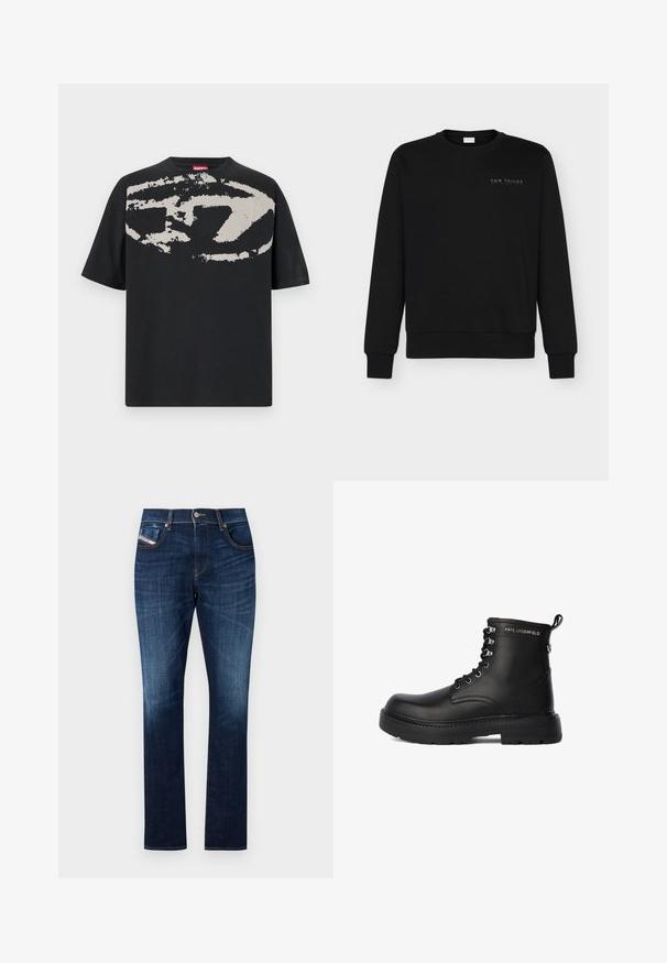 Schwarzer Pullover aus Baumwollmischung mit langen Ärmeln, Rundhalsausschnitt, elastischen Bündchen und einem kleinen geprägten Logo auf der Brust.; Schwarzes T-Shirt mit einem großen, abstrakten hellgrauen Grafik auf der Vorderseite. Mit kurzen Ärmeln und einem klassischen, runden Halsausschnitt. Aus Baumwolle.; Dunkelblaue Denim-Jeans mit geradem Schnitt, Fünf-Taschen-Design, dezentem Ausbleichen und Kontrastnähten entlang der Nähte.; Schwarze Leder-Stiefeletten mit runder Zehenpartie, Schnürfront, Metallösen und einer Schlaufe. Verfügt über eine dicke Gummisohle und Logo-Verzierung.