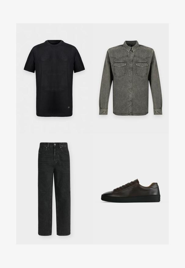 T-shirt noir à manches courtes en maille côtelée avec col rond et petit logo métallique près de l'ourlet inférieur sur un fond uni.; Chemise en jean noire à manches longues, délavée, avec boutons sur le devant et poches poitrine à rabat, présentée sur un fond blanc.; Jean noir coupe droite avec taille haute, bouton et fermeture éclair à l'avant, poches latérales et arrière, présenté sur un fond clair uni.; Baskets basses en cuir marron foncé avec semelle en caoutchouc noire, lacets à l'avant et design minimaliste épuré sur fond clair.