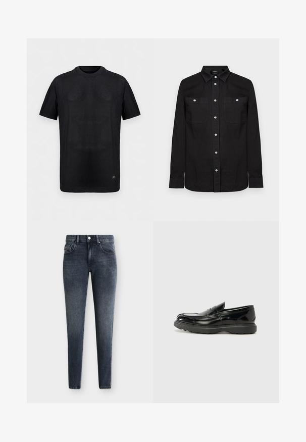 T-shirt noir à manches courtes en maille côtelée avec col rond et petit logo métallique près de l'ourlet inférieur sur un fond uni.; Chemise noire à manches longues avec col pointu et deux poches poitrine à l'avant, chacune fermée par un bouton blanc.; Jean slim fit gris foncé délavé avec poches avant et poche monnaie, passants de ceinture, fermeture à bouton et détails de coutures visibles sur un fond uni.; Mocassin en cuir noir avec une finition brillante, bout arrondi, détails de couture subtils et semelle en caoutchouc épaisse pour la durabilité.
