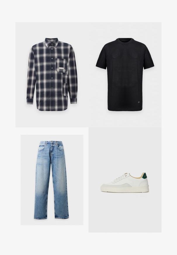 Schwarzes, kurzärmliges, geripptes Strick-T-Shirt mit Rundhalsausschnitt und kleinem Metall-Logo nahe dem unteren Saum vor einfachem Hintergrund.; Flanellhemd im dunkelblauen und hellgrauen Karomuster. Hat einen Kragen, eine Knopfleiste und eine Brusttasche auf der linken Seite. Weicher Stoff.; Hellblaue Jeans mit weitem Bein, Fronttaschen, Gürtelschlaufen und Knopfverschluss vor einfachem Hintergrund.; Weiße Sneaker mit Wildlederelementen, runder Zehenpartie, flachen Schnürsenkeln und einer cremefarbenen Gummisohle. Mit grünen Markenlogo am Fersenbereich.