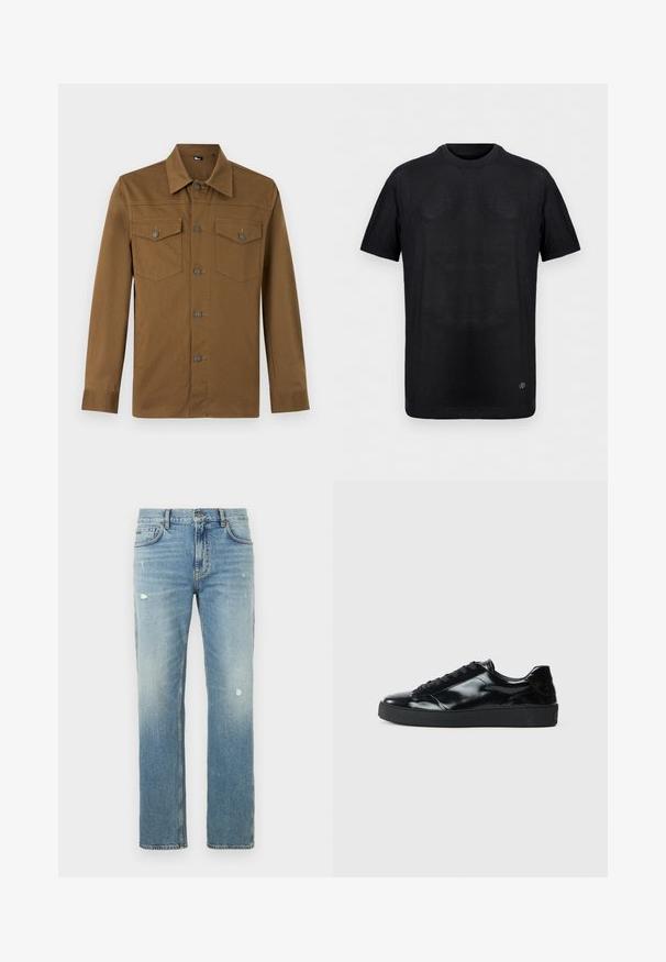 T-shirt noir à manches courtes en maille côtelée avec col rond et petit logo métallique près de l'ourlet inférieur sur un fond uni.; Chemise marron à manches longues avec col pointu et deux poches poitrine boutonnées, présentée sur fond clair uni.; Jean en denim bleu clair avec une coupe droite, présentant des zones délavées et de petites déchirures. Design classique à cinq poches et passants pour ceinture.; Baskets en cuir verni noir avec un bout arrondi, un laçage, une semelle en caoutchouc texturé et une finition lisse.