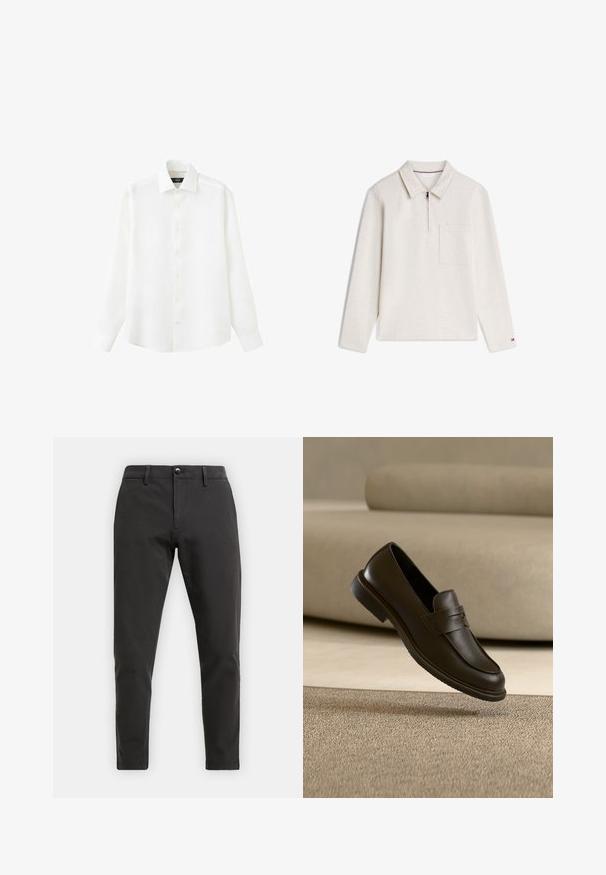 Chemise beige à manches longues avec col, fermeture éclair devant, poche poitrine et petit logo sur le poignet de la manche gauche.; Chemise blanche à manches longues avec col et poignets, boutonnée, présentée à plat sur un fond blanc.; Pantalon chino en coton noir avec une coupe slim, doté d'une fermeture éclair, d'un bouton, et de quatre poches. Texture lisse, détails minimaux.; Un seul mocassin en cuir brun foncé flottant au-dessus d’un tapis texturé beige, avec un canapé beige flou en arrière-plan.