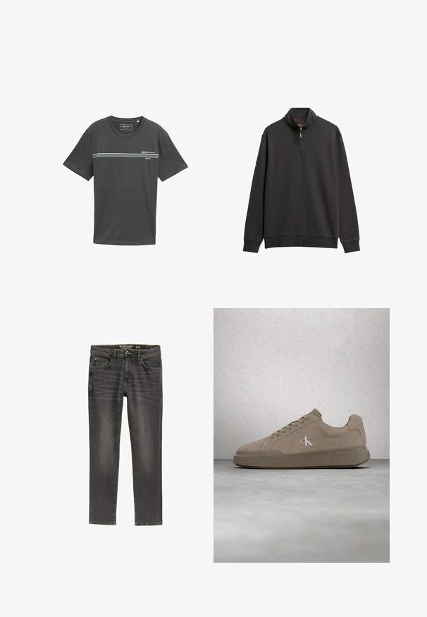 Donkergrijze sweatshirt met hoge kraag, halve rits en lange mouwen. Heeft contrasterende stiksels en subtiele logo-details op de kraag.; Grijze katoenen T-shirt met korte mouwen, ronde hals, featuring horizontale strepen in blauw, wit en groen over de borst, met opdruk van het logo.; Donkergrijze denim jeans met een reguliere pasvorm. Kenmerken zijn vijf zakken, een ritssluiting en subtiele vervaging op de stof voor textuur.; Beige suède sneaker met veters en "ck"-logo, zwevend boven een gepolijste betonnen vloer met een achtergrond van glazen blokken.