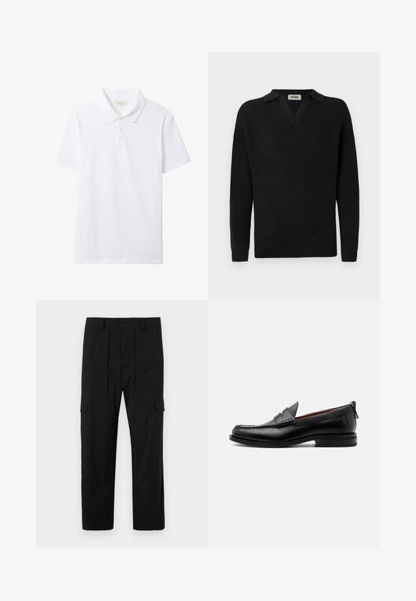 Sort ribbet striktrøje med v-udskæring og kort krave, med lange ærmer og et enkelt design med en enkelt brystlomme.; Hvid kortærmet poloshirt med krave og tre-knaps knapstolpe, ensfarvet front og en lille Calvin Klein Jeans label indeni kraven.; Sorte cargo bukser lavet af letvægtsstof, med lige ben design, frontfald, sidelommer og knaplukning.; Sort læder herre loafer med moc-tå syning, penny strop, struktureret krave og lav stablet hæl på hvid baggrund.