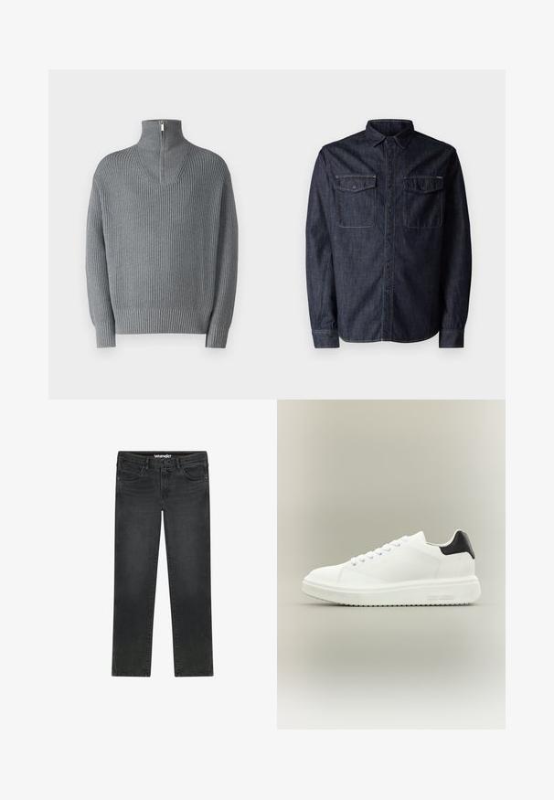 Suéter gris de canalé con un alto cuello con cremallera y mangas largas. Presenta un patrón de punto texturizado, con un ajuste relajado y puños elásticos.; Replay Camisa - dark blue; Vaqueros Wrangler negros de corte recto con botón delantero, cremallera, trabillas para el cinturón y diseño de cinco bolsillos sobre fondo blanco.; Zapatilla blanca de caña baja con suela gruesa, cierre de cordones en la parte delantera y lengüeta negra en el talón, con la marca "Steve Madden" en la suela lateral.