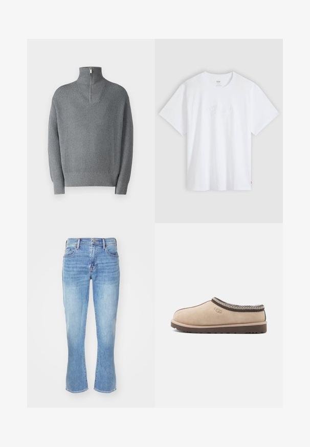 Grauer gerippter Pullover mit hohem, Reißverschluss-Kragen und langen Ärmeln. Verfügt über ein strukturiertes Strickmuster, hat eine entspannte Passform und elastische Bündchen.; Weißes T-Shirt mit kurzen Ärmeln und Rundhalsausschnitt, mit dezent geprägt geprägtem Schriftzug-Logo zentriert auf der Brust und einem kleinen roten Markenzeichen an der Seite.; Hellblaues Denim-Jeans mit geradem Schnitt, ausgestellten Beinöffnungen, Fünf-Taschen-Design und subtiler Abnutzung an den Knien und Oberschenkeln.; Beiger Wildlederschuh mit brauner Gummisohle, dekorativer strukturierter Naht entlang des Kragens und eingeprägtem Logo an der Seite. Lässiges Design.