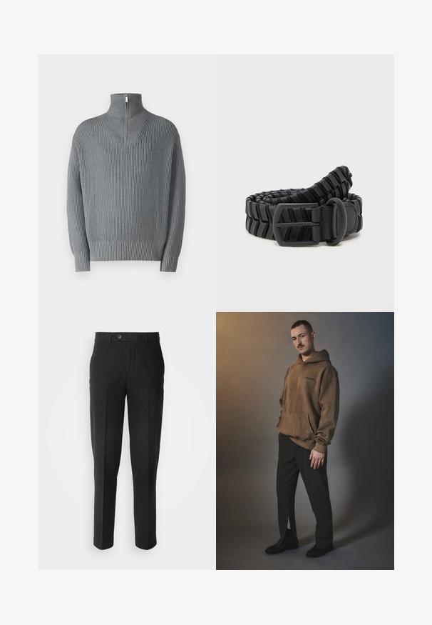Grå ribbet sweater med høj lynlås-krave og lange ærmer. Har et struktureret strikmønster med en afslappet pasform og elastiske manchetter.; Lindbergh FORMAL PANT - Bukser - black melange; Brun oversized hættetrøje med en frontlomme og logo, parret med sorte skræddersyede bukser med en sidesplitt. Båret med sorte sko.; Sort flettet bælte lavet af holdbart materiale, med en rektangulær spænde og tekstureret design med horisontale accenter.