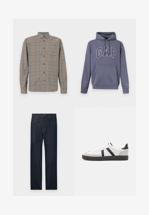 Sweat à capuche bleu-gris avec poche kangourou et "GAP" brodé en grandes lettres en contour sur la poitrine.; Chemise à manches longues avec col classique, présentant un motif à carreaux beige et noir avec des lignes subtiles rouges et bleues.; Jean en denim bleu foncé à jambes droites avec poches avant et arrière, un bouton et des passants pour ceinture.; Baskets blanches avec des accents noirs et gris, présentant un embout texturé gris, une semelle en caoutchouc noir et des lacets plats blancs. Design épuré, style minimaliste.