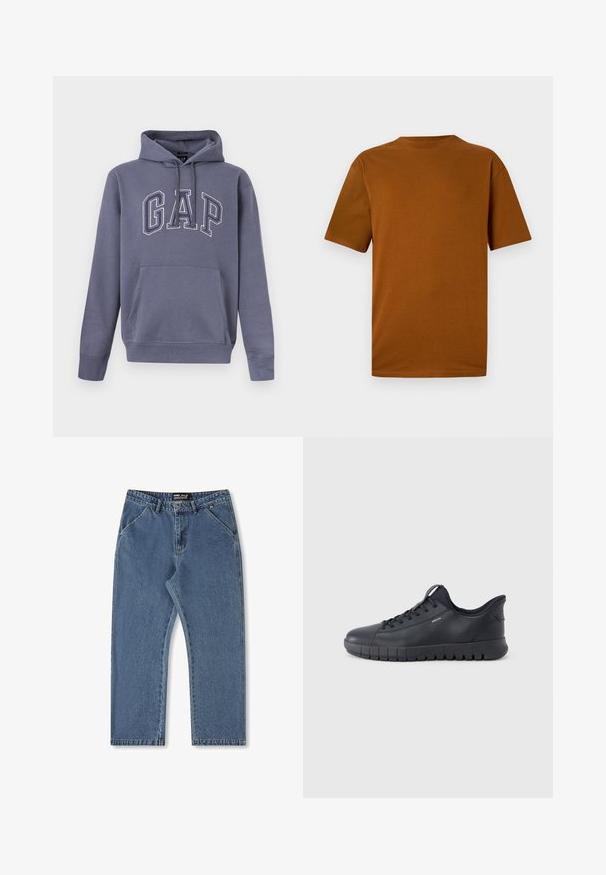 Blågrå hættetrøje med kængurulomme og "GAP" broderet i store konturerede bogstaver hen over brystet.; Kortærmet t-shirt i brændt orange bomuld. Har runde halsudskæring, afslappet pasform og glat tekstur uden mønstre eller udsmykninger.; Blå denimjeans med lige ben, medium talje og klassisk fem-lommer stil. Har subtil falming og syede detaljer.; Sort lav sneakers med tekstureret sål, snørelukning og lille "Geox"-logo på siden, vist mod en ensfarvet baggrund.