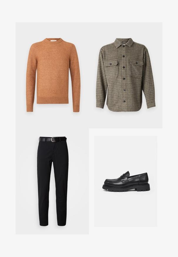Hnedý pletený sveter s okrúhlym výstrihom, rebrovanými manžetami a lemem. Hladký povrch s jemným melírovaným vzorom po celom povrchu.; Jack & Jones Over Relaxed Fit - Košeľa - delicioso; Čierne nohavice so stright strihom, s hladkou štruktúrou a čiernym koženým opaskom so striebornou prackou. Jednoduchý dizajn, bez vzorov alebo akcentov.; Čierny kožený mokasín s hrubou rebrovanou podrážkou a detailom popruhu na mincu, zobrazený pravý bočný profil na bielom pozadí.