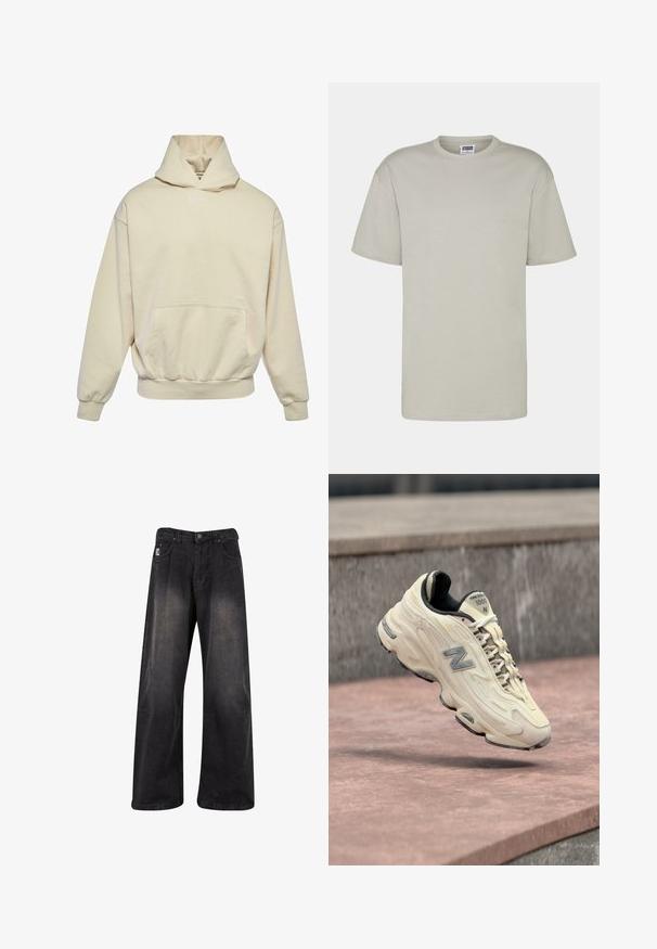 Beige hættebluse med forlomme, elastiske manchetter og kant. Har et lille hvidt logo på brystet. Blød, ensfarvet stoftekstur.; Lys grå bomulds t-shirt med korte ærmer, rund halsudskæring og en afslappet pasform. Ingen synlige mønstre eller design. Flade sømme og standard længde.; Sorte bukser i denim med brede ben og en falmet finish, der har knaplukning, fem lommer og et mærke på fronten til venstre.; Kremfarvet New Balance 1000-sneaker med hvide snørebånd, gråt logo og sort inderside, vist i luften over en stenet overflade.
