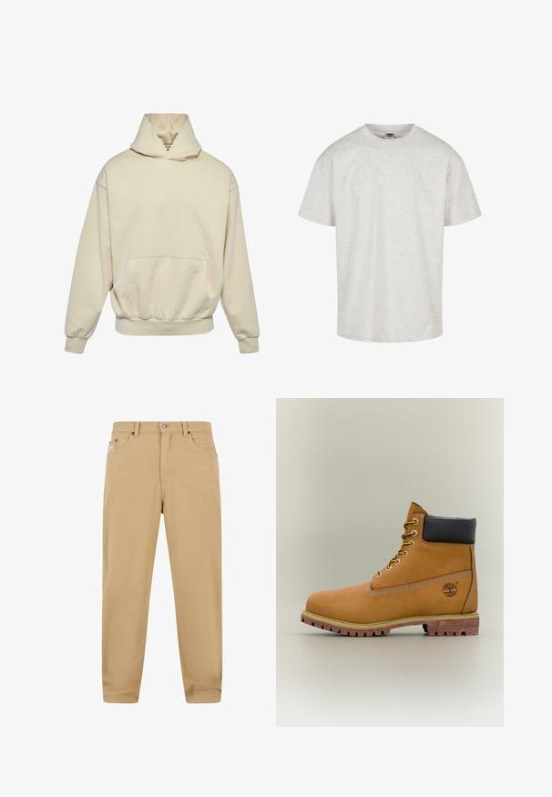 Beige Kapuzenpullover mit Fronttasche, elastischen Bündchen und Saum. Mit einem kleinen weißen Logo auf der Brust. Weicher, schlichter Stoff.; Helles graues Baumwoll-T-Shirt mit kurzen Ärmeln, einem Rundhalsausschnitt und einer lässigen Passform. Texturiertes Gewebe mit einem dezenten melierten Muster.; Beige Baumwollhosen mit geradem Schnitt, ausgestattet mit einem Reißverschluss, fünf Taschen und dezenten Nähdetails. Glatte Textur und klassisches Design.; Brauner Leder-Stiefelette mit schwarzem Kragen, gelben Schnürsenkeln und hellbrauner Sohle. Verfügt über ein Logo und weiße Ziernähe. Robuste Profilsohle.