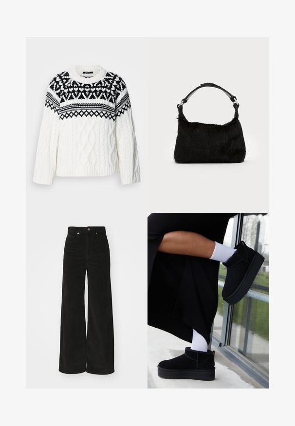 Chunky striktrøje i creme med sort Fair Isle-mønster. Har ribstrikket halsudskæring og kabelstrikket tekstur. Løs, afslappet pasform.; Sorte kordfløjl bredbenede bukser med høj talje, der har to forlommer og en metalknaplukning. Tekstureret stof med lodrette ribber.; Sorte suede ankelstøvler med flad sål, med en bageste træksløjfe, båret med hvide ankelstrømper mod en minimalistisk baggrund.; Sort faux fur håndtaske med en blød tekstur, rund form og en robust skulderrem i sort læder. Synlige sølvhardware-detaljer.