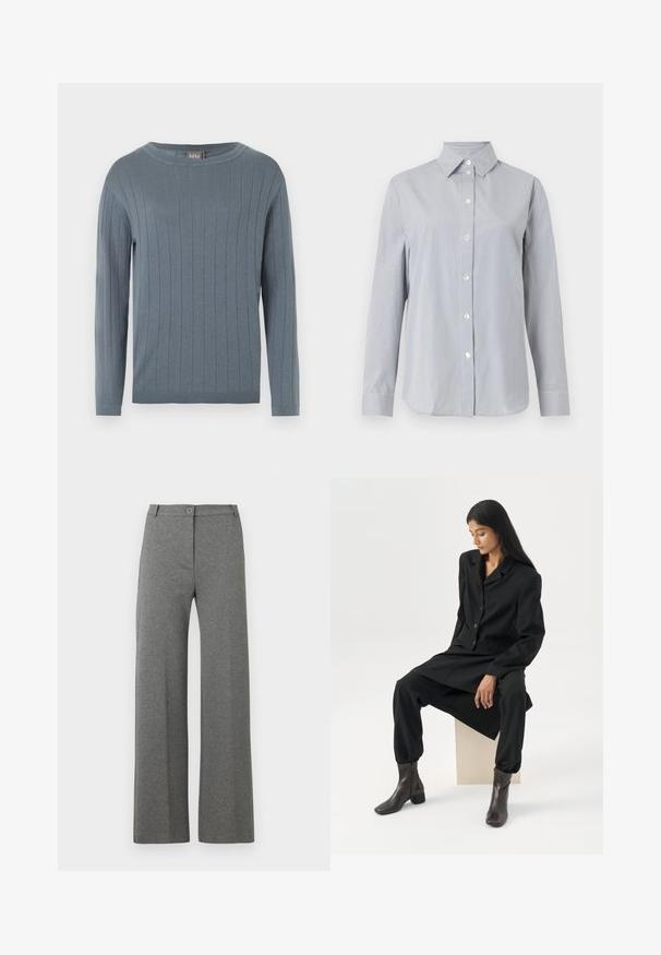 Pull à manches longues et col rond en bleu doux avec motif en côtes verticales, poignets ajustés et ourlet droit.; Chemise gris clair à manches longues avec fines rayures blanches verticales, fermeture boutonnée à l'avant, col pointu et poignets assortis sur fond uni.; Pantalons larges gris en tissu texturé, dotés d'une fermeture à bouton sur le devant et de deux poches latérales. Design classique à coupe décontractée.; Femme aux longs cheveux foncés assise, portant un blazer noir ample, un pantalon large assorti et des bottines foncées, sur un fond blanc uni.