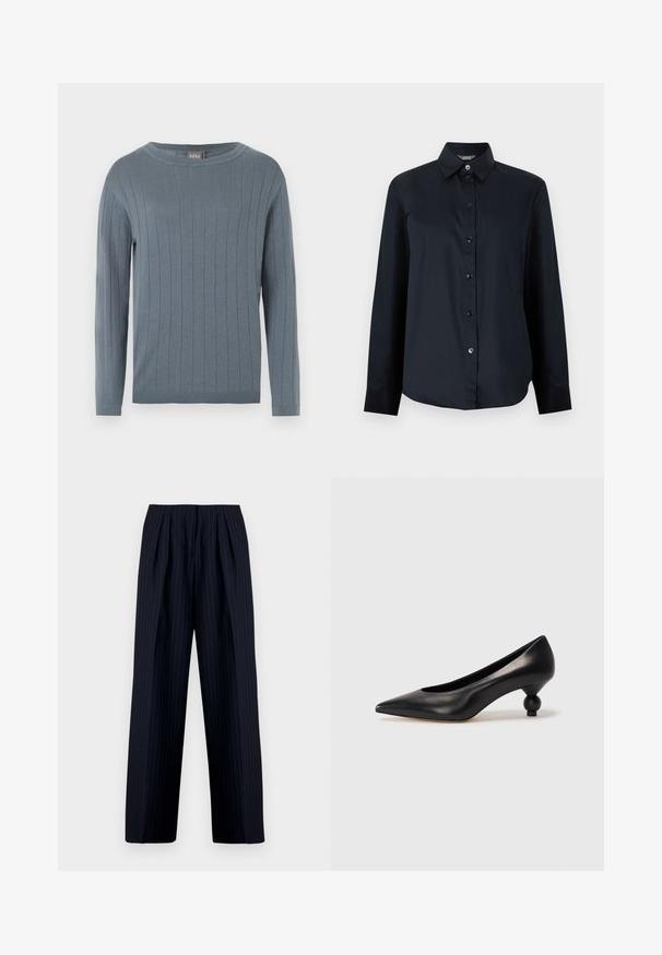 Pull à manches longues et col rond en bleu doux avec motif en côtes verticales, poignets ajustés et ourlet droit.; Chemise noire à manches longues avec boutons, col pointu et ourlet légèrement arrondi, présentée sur un fond gris clair uni.; Pantalons rayés bleu marine à coupe décontractée, dotés de plis sur le devant, d'une silhouette à jambes larges et d'une texture lisse.; Chaussure à talon haut en cuir noir avec un bout pointu et un talon arrondi. Texture lisse avec un design épuré et minimal.