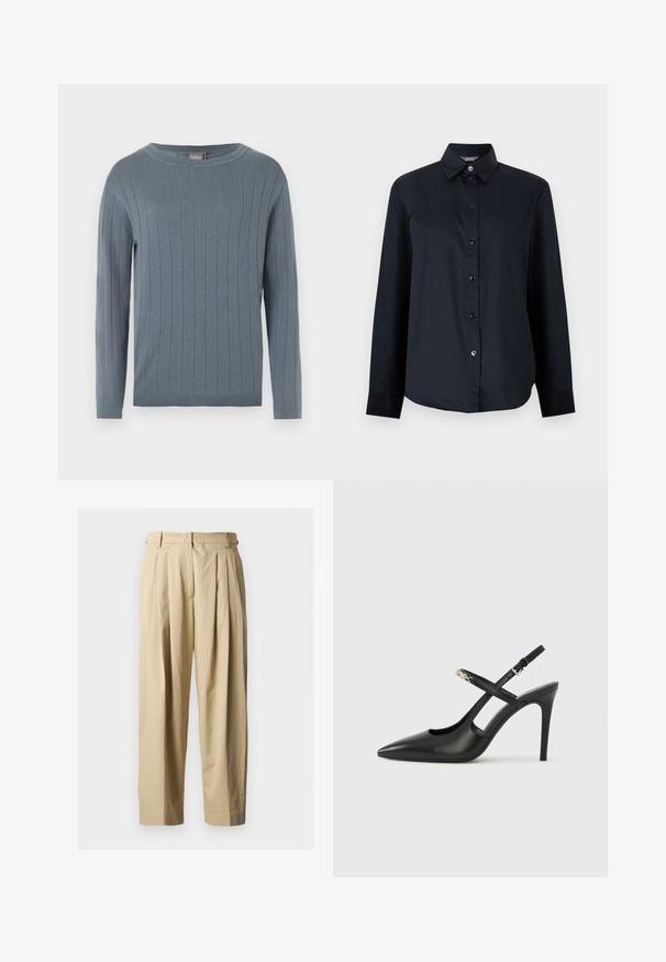 Pull à manches longues et col rond en bleu doux avec motif en côtes verticales, poignets ajustés et ourlet droit.; Chemise noire à manches longues avec boutons, col pointu et ourlet légèrement arrondi, présentée sur un fond gris clair uni.; Pantalon beige à taille haute plissé avec passants pour ceinture, fermeture éclair à l'avant et jambes larges et droites sur un fond uni.; Escarpins slingback en cuir noir avec bout pointu, design ajouré et bride ajustable ornée de ferrures métalliques.