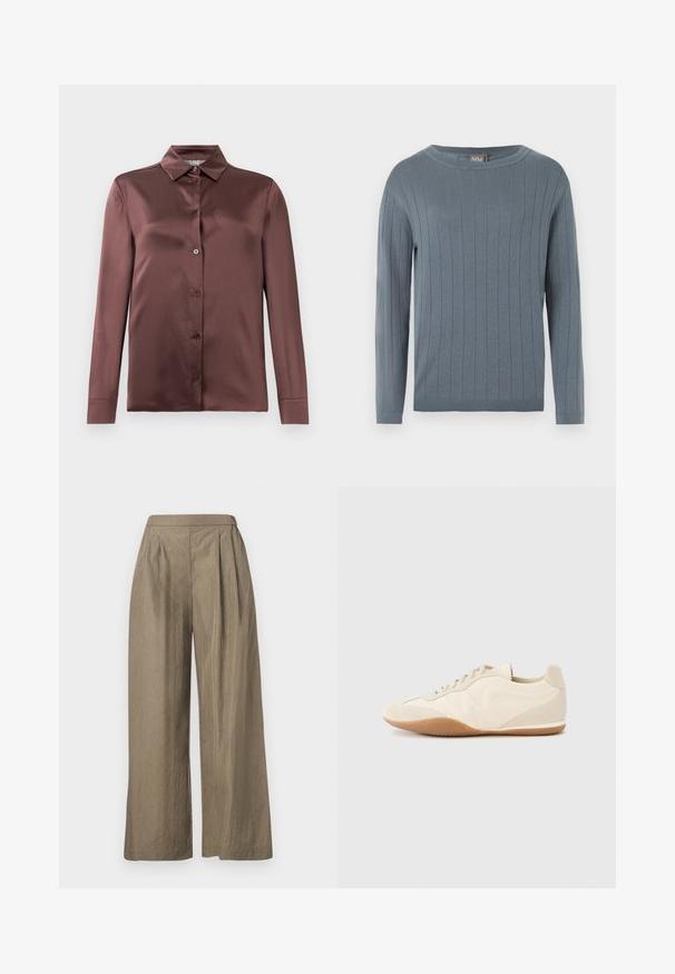 Pull à manches longues et col rond en bleu doux avec motif en côtes verticales, poignets ajustés et ourlet droit.; Chemise en satin à manches longues de couleur mauve profond, avec col pointu et boutons sur le devant, posée à plat sur un fond blanc.; Pantalon kaki taille haute à jambes larges avec des plis à l'avant, confectionné dans un tissu texturé, présenté sur un fond blanc.; Baskets beige clair avec une tige en cuir texturé, des panneaux latéraux texturés et une semelle en caoutchouc. Dotées d'un design fin et épuré ainsi que de lacets plats.