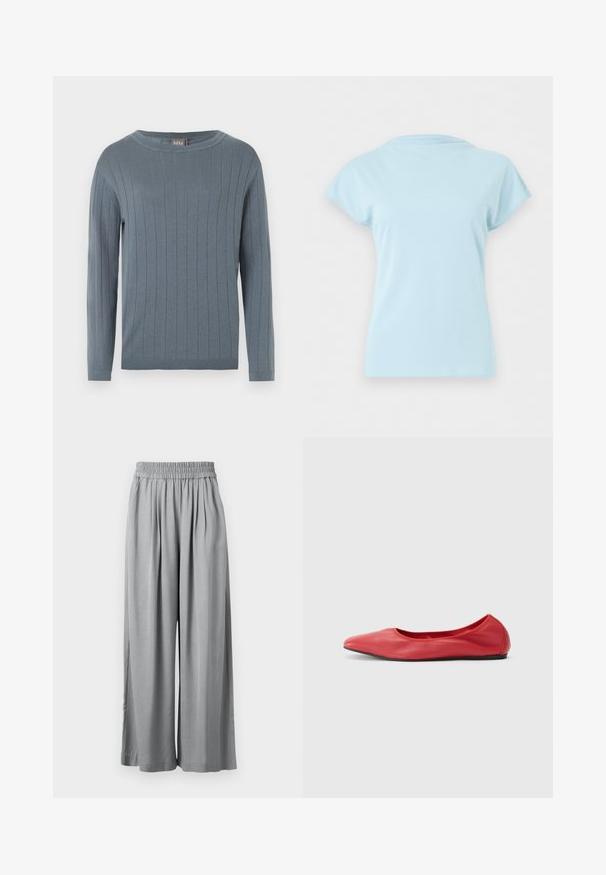 Pull à manches longues et col rond en bleu doux avec motif en côtes verticales, poignets ajustés et ourlet droit.; T-shirt bleu clair à manches courtes et col rond, présenté à plat sans logos ni motifs visibles sur un fond blanc uni.; Pantalon gris clair à jambes larges avec taille élastique et plis subtils, présenté à plat sur un fond blanc.; Filippa K REY FLATS - Ballerines - bright red