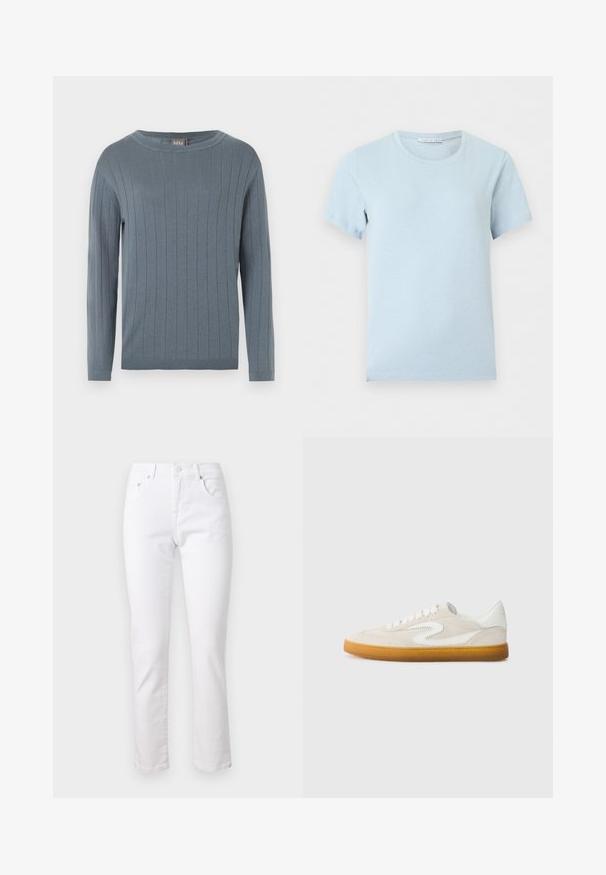 Langærmet rundhalset sweater i afdæmpet blå med vertikalt ribstrikket mønster, tætsiddende manchetter og lige kant.; Lyseblå kortærmet t-shirt med rund halsudskæring og synligt mærke indeni kraven mod ensfarvet baggrund.; Hvide denimjeans med lige ben, fem-lomme design og metalknaplukning, der har en glat tekstur og minimal syning.; Beige ruskindsneaker med hvide læderdetaljer, gummigummisole og rund tå. Har et karakteristisk swoosh-design på siden.