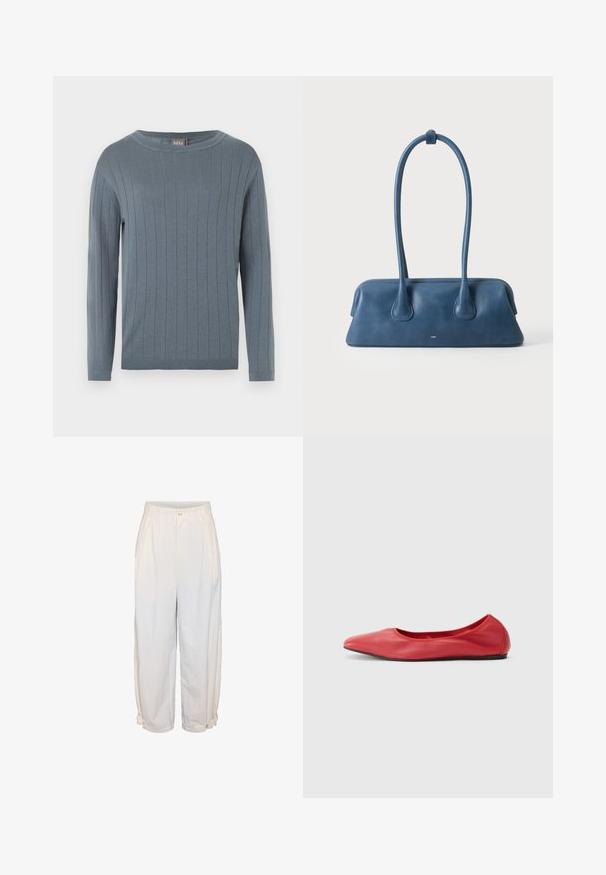 Pull à manches longues et col rond en bleu doux avec motif en côtes verticales, poignets ajustés et ourlet droit.; Pantalon blanc taille haute à jambes larges avec plis, fermeture devant par bouton et zip, et brides réglables à boutons aux ourlets des chevilles.; Filippa K REY FLATS - Ballerines - bright red; Sac à main en cuir bleu avec de longues anses et une base rectangulaire, sur un fond blanc uni.