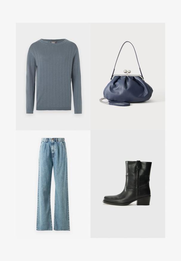 Langærmet rundhalset sweater i afdæmpet blå med vertikalt ribstrikket mønster, tætsiddende manchetter og lige kant.; Lysblå højtaljede bukser med bred ben i denim, med knaplukning, markante bukser og syede lommer.; Sort læder ankelstøvle med rundt tå, blokhæl, lynlås i siden og stikninger på vampsiden. Glat tekstur, klassisk design.; Blød navyblå læderhåndtaske med sølv lukning, enkelt skulderrem og aftagelig kæde til håndleddet på hvid baggrund.