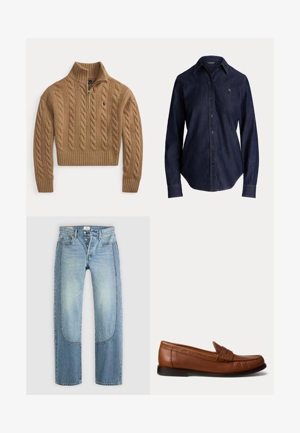 Bruine kabelgebreide trui met een kraag met halve ritssluiting, geribde manchetten en zoom, en een klein geborduurd logo op de borst.; Donkerblauw denim overhemd met lange mouwen, knopen aan de voorkant, een kraag en "RL" geborduurd op de linkerborst.; Lichtblauwe denim jeans met een rechte, losse pasvorm, voorzien van contrasterende paneeldetails en een vijf-pocket ontwerp. Knopen vloogsluiting.; Bruine leren loafer met een lage zwarte hak, moc-toenaden en een decoratieve band over de bovenkant, afgebeeld tegen een witte achtergrond.