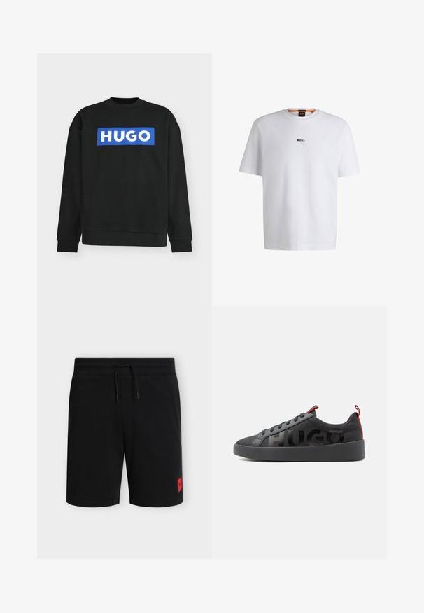 Sort langærmet sweatshirt med ribmanchetter og ribkant, med en blå rektangulær logo med hvid "HUGO" tekst centreret på brystet.; Hvid bomuld T-shirt med korte ærmer, med et sort "BOSS" logo centreret på brystet og en rund halsudskæring.; Sorte knælange shorts med elastisk taljebånd og snøre, med en lille rød rektangulær logo-patch på venstre underben.; Sort lavtop sneakers med sort sål, sorte snørebånd, røde trækfaner og stor sort "HUGO" tekst på siden.