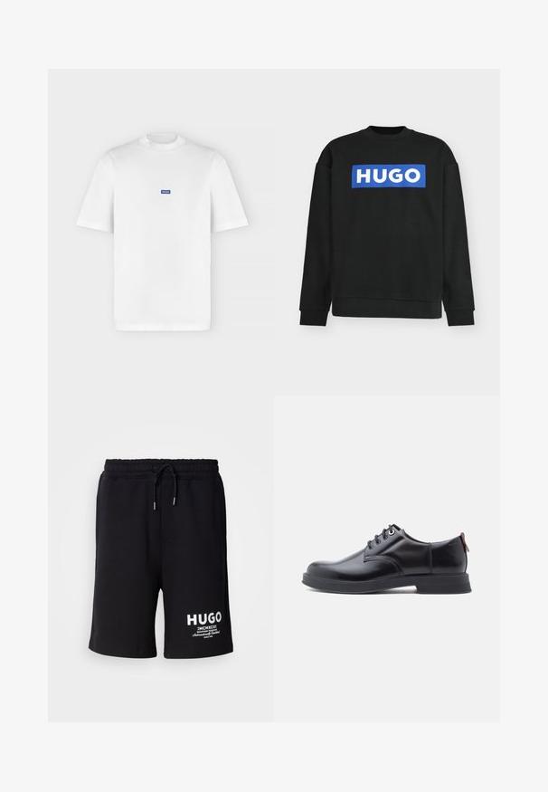 Sweat-shirt noir à manches longues avec poignets et ourlet côtelés, avec un logo rectangulaire bleu et le texte blanc « HUGO » centré sur la poitrine.; T-shirt blanc à manches courtes et col rond avec un petit logo rectangulaire bleu "HUGO" centré sur la poitrine.; Shorts en coton noir avec une taille élastique et un cordon de serrage. Logo "HUGO" blanc sur la jambe gauche. Design simple, coupe à hauteur du genou.; Chaussures en cuir noir à lacets avec une texture lisse, un bout arrondi et des détails de couture discrets. Présentent une languette rouge à l'arrière.