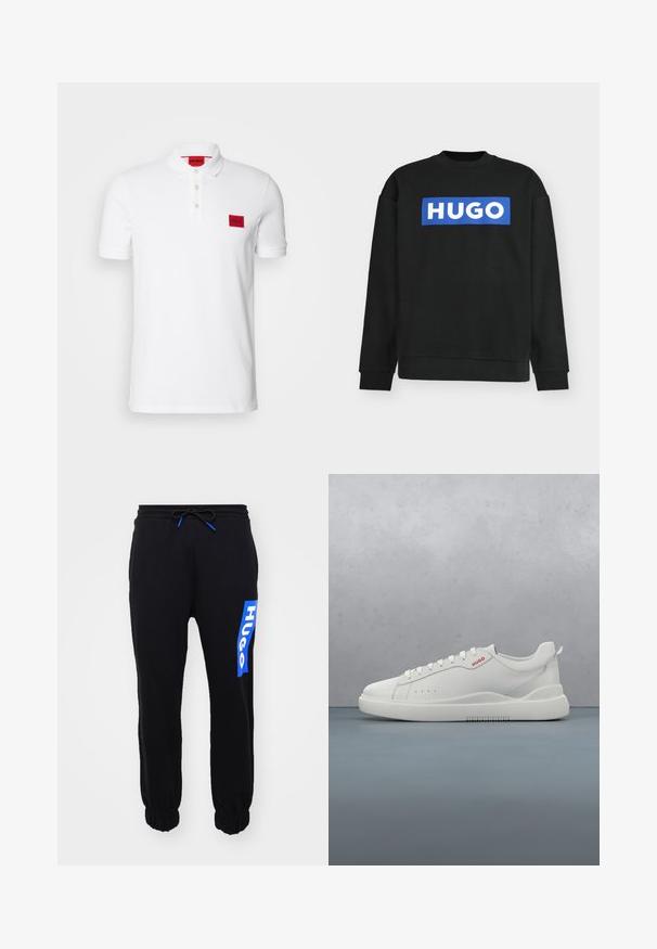 Sudadera negra de manga larga con puños y dobladillo acanalados, que presenta un logo rectangular azul con texto blanco "HUGO" centrado en el pecho.; Camisa polo blanca de algodón, con un ribete de tres botones, mangas cortas y un parche de logo rectangular rojo en el lado izquierdo del pecho.; Pantalones deportivos negros con puños y cintura elástica, con un logo azul "HUGO" en el lado izquierdo. Elaborados en una suave tela texturizada.; Zapatilla blanca con un acabado de cuero liso, punta redonda, cuatro ojales, perforaciones sutiles y un detalle de logo rojo en el lateral.