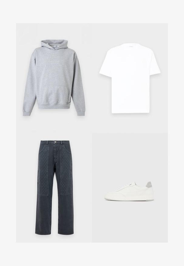 Hellgrauer Kapuzenpullover mit Fronttasche und weißem kursivem Logo-Schriftzug „Carlo Colucci“ auf der Brust.; Weißes Baumwoll-T-Shirt mit Rundhalsausschnitt, kurzen Ärmeln und lässiger Passform. Glatte Textur, minimale Details und ohne Muster oder Grafiken.; Dunkelgraue Jeans mit weitem Bein, die auf der Vorderseite dekorative Patches mit dezentem floralem Muster und klassischen Taschenverzierungen aufweisen.; Weißer Sneaker mit niedrigem Schaft, grauem Fersenlaschen, weißen Schnürsenkeln und einer strukturierten Sohle, dargestellt vor einem schlichten hellen Hintergrund.