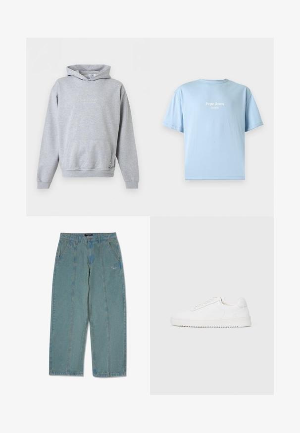 Lichtgrijze capuchontrui met voorzak en witte cursieve logotekst "Carlo Colucci" op de borst.; Lichtblauw T-shirt met korte mouwen met witte "Pepe Jeans London" tekst gecentreerd op de borst tegen een effen achtergrond.; Lichtblauwe, niet-verweerde denim broek met een recht model, voorzien van voorzakken en een subtiele geborduurde logo nabij de taille.; Witte sneaker met een gladleren bovenkant, ronde neus, veters, gestructureerde zijaccenten en een dikke rubberen zool. Minimalistisch ontwerp.