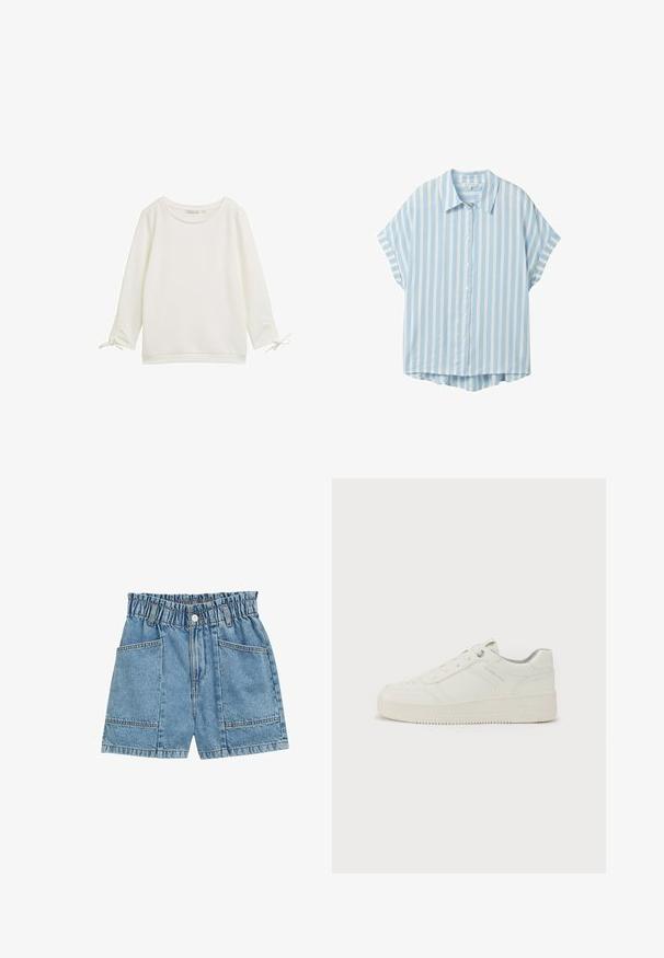 Blusa blanca de manga larga con superficie texturizada, cuello redondo y lazos en las mangas. Diseño simple con un corte relajado.; Camisa de manga corta azul claro con rayas blancas verticales, cierre de botones al frente, cuello y un dobladillo ligeramente curvado en la parte trasera.; Shorts de mezclilla con cintura elasticada, color azul claro, cuatro bolsillos y costuras visibles a lo largo de las costuras.; Zapatilla blanca con un exterior de cuero liso, punta redonda, seis ojales, cuello acolchado y suela de goma texturizada. Logo de la marca sutil en el lateral.
