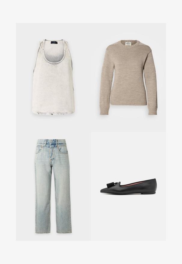 Pull en laine beige avec un col rond, des manches longues avec des accents texturés, et des poignets et un ourlet côtelés.; Débardeur en coton de couleur blanc délavé avec un décolleté en bateau et des coutures latérales. Présente une texture subtile et une petite étiquette de marque au niveau du décolleté.; Jean bleu clair taille haute, coupe droite, avec poches avant et fermeture par boutons sur fond blanc uni.; Chaussure plate en cuir noir avec un bout pointu, ornée d'un gland décoratif et d'une semelle fine et subtile. L'intérieur a un doublure rouge contrastante.