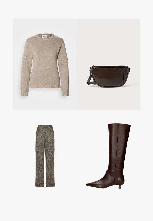 Beige strikket sweater med rund halsudskæring, lange ærmer med strukturerede detaljer og ribkant ved ærmer og bund.; Brune uld bukser med fiskebenmønster, vidde ben, opbukket kant og detaljer med knapper ved taljebåndet.; Brun læderstøvle, der går til knæet, med spids snude og en lille blokhæl. Glat tekstur med sømdetaljer langs skaftet.; Brun læder crossbody-taske med en afrundet form, der har en lynlås lukning øverst og en sidelomme med lynlås. Glat tekstur med mat finish.