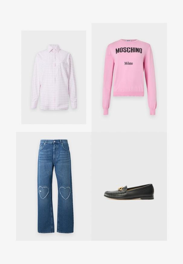 Pull en tricot à manches longues de couleur rose pâle avec "MOSCHINO" en grandes lettres noires et "Milano" en lettres noires plus petites sur le devant.; Chemise à manches longues à carreaux rose clair et blanc, boutonnée sur le devant, avec col pointu et poche en forme de cœur cousue sur la poitrine gauche.; Jean en denim bleu à jambes larges, taille haute, avec des patchs en forme de cœur effilochés sur les deux genoux, bouton et poches à l'avant.; Mocassins en cuir noir avec un bout cousu, un talon bas et un emblème doré décoratif à l'avant. Texture lisse, design classique.