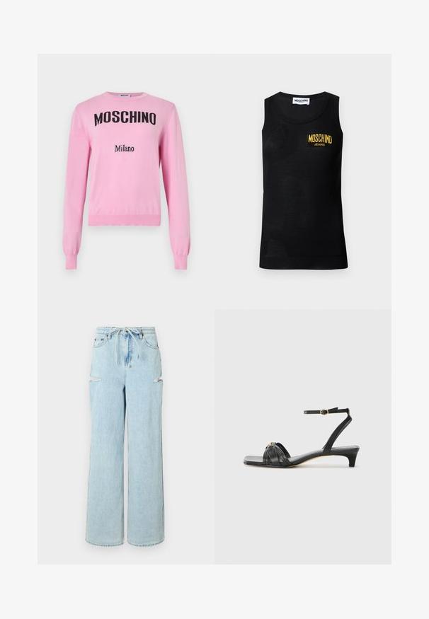 Svetloružový dlhý pletený sveter s nápisom "MOSCHINO" veľkými čiernymi písmenami a "Milano" menšími čiernymi písmenami na prednej strane.; Čierny tielkový top bez rukávov s rebrovanými okrajmi a žltým nášivkou s logom "Moschino Jeans" na ľavej strane hrudníka.; Svetlomodré džínsové široké nohavice s pásom na šnurovanie, s dvoma roztrhnutiami na kolenách a upraveným lemom. Mäkká textúra s voľným strihom.; Čierne kožené sandále so štvorcovým špičkou, tkaným páskovým dizajnom, remienkom okolo členka so zlatými kovovými doplnkami a nízkym, zúženým podpätkom.