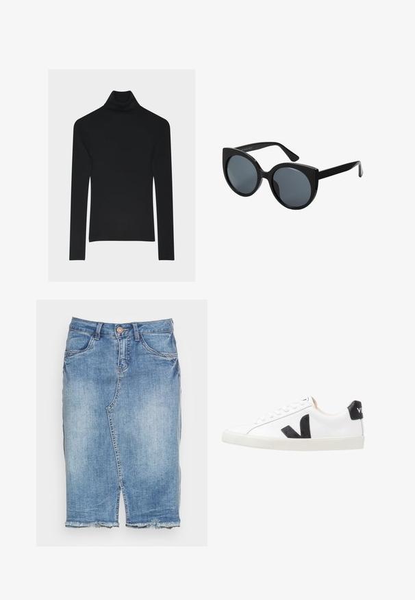 Zwarte geribbelde coltrui met lange mouwen, aansluitend silhouet en een subtiel geborduurd logo vlak bij de kraag.; Lichtblauwe denim rok met voorsplit, rafelige zoom, ceintuurlussen, knoopsluiting en voorzakken.; Witte sneaker met een zwart V-logo, voorzien van een gladleren bovenwerk, ronde neus, vetersluiting en een contrasterende zwarte hieltab.; Zwarte oversized zonnebril met een kattenoogvorm, donkere getinte lenzen en een glanzend plastic montuur. Beschikt over dikke tempels voor extra ondersteuning.