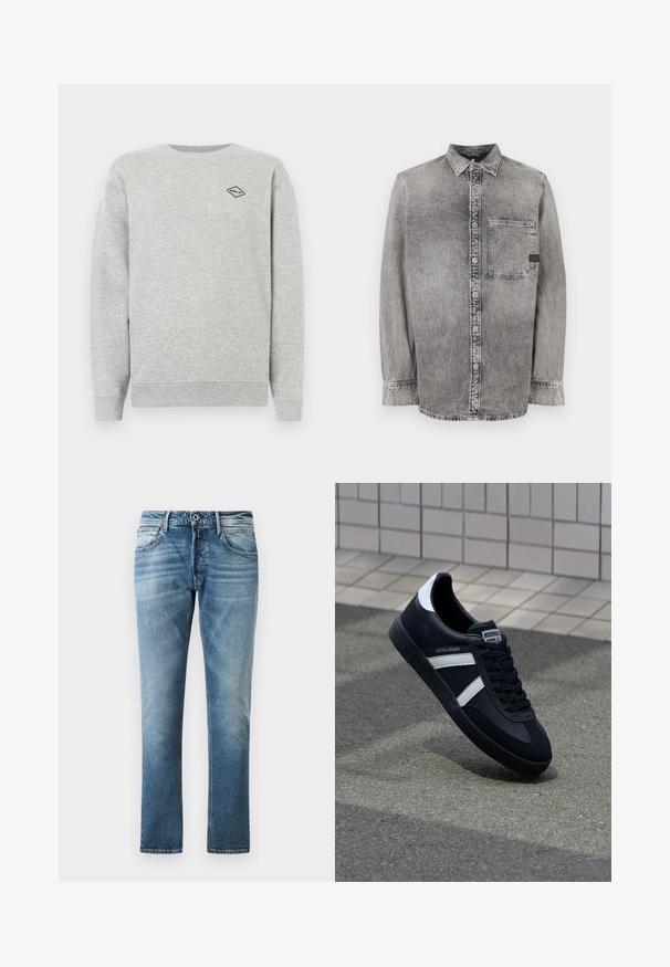 Grauer Sweatshirt aus Baumwollmischung, mit Rundhalsausschnitt und gerippten Bündchen. Ein kleines schwarzes Diamantlogo ist auf der Brust gestickt.; Graues Denim-Hemd mit Knopfleiste, langen Ärmeln, mittlerem Stoffgewicht, einer Brusttasche, abgedunkeltem Finish mit kontrastierenden Knöpfen, klassischem Kragen.; Blaue gerade geschnittene Jeans mit ausgewaschenen Details, vorderem Knopf und Taschen, vor einem schlichten weißen Hintergrund präsentiert.; Schwarze Leder-Sneaker mit weißen Streifen, strukturiertem Gummisohle und Schnürung. Verfügt über ein Markenetikett auf der Zunge.