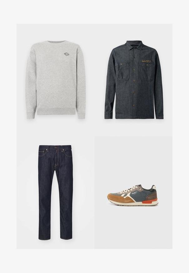 Grauer Sweatshirt aus Baumwollmischung, mit Rundhalsausschnitt und gerippten Bündchen. Ein kleines schwarzes Diamantlogo ist auf der Brust gestickt.; Dunkelblaue Denim-Hemd mit vertikalen Streifen, zwei Brusttaschen und goldenem gesticktem Logo auf der linken Seite. Metall-Druckknöpfe.; Dunkelblaue Denim-Jeans mit geradem Schnitt, versehen mit orangen Nähten, vorderen Taschen und einem Knopfverschluss an der Taille.; Sneaker mit einer Kombination aus braunem Wildleder, grauem Stoff und marineblauem Leder. Auffällige Details sind beigefarbene Schnürsenkel und ein orangefarbener Fersenakzent.