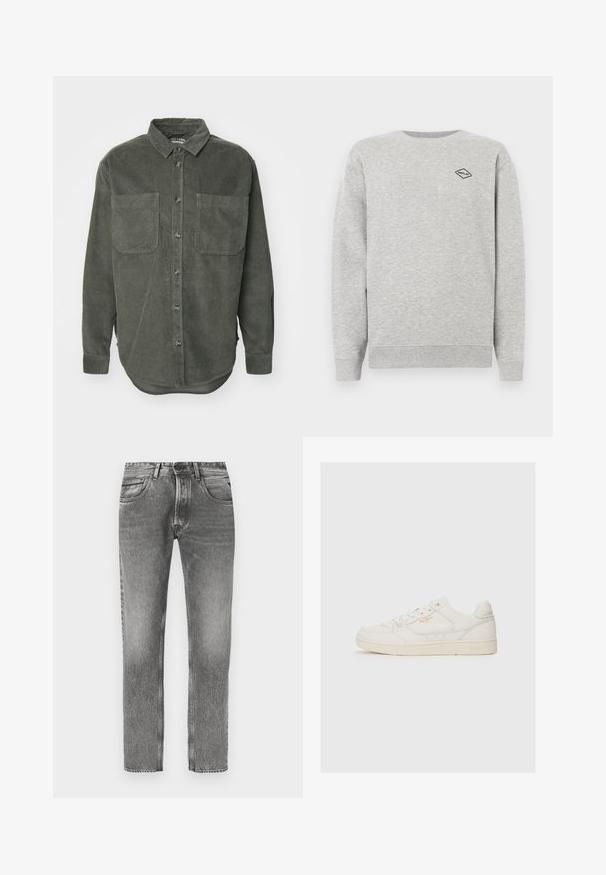 Sweatshirt gris en mélange de coton, avec un col rond et des poignets côtelés. Un petit logo en forme de diamant noir est brodé sur la poitrine.; Chemise en velours côtelé vert avec une fermeture à boutons, col pointu, deux poches poitrine et manches longues avec poignets à boutons, présentant un ourlet droit.; Jean en denim gris avec une coupe droite, finition délavée, cinq poches, passants pour ceinture et détails de couture contrastants.; Sneaker en cuir blanc avec une texture lisse, comportant des accents perforés, un laçage à l'avant, et un logo subtil en doré près du côté.