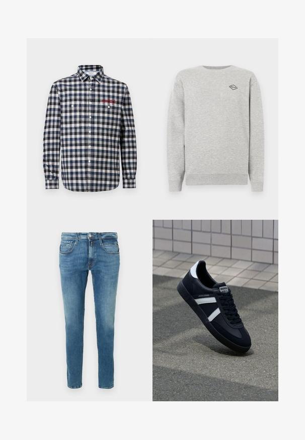 Grå sweatshirt lavet af en blanding af bomuld, med rund halsudskæring og ribbede manchetter. Et lille sort diamantlogo er broderet på brystet.; Herre skjorte med knapper i marine- og hvidt ternet mønster, der har to brystlommer, en almindelig krave og røde broderidetaljer.; Denimjeans i lyseblå med lige ben. Har fem lommer, lynlås med knapper og kontrastsømme langs syningerne.; Sort lædersneaker med hvide striber, tekstureret gummisål og snørrebånd foran. Har et brandet mærke på tungen.