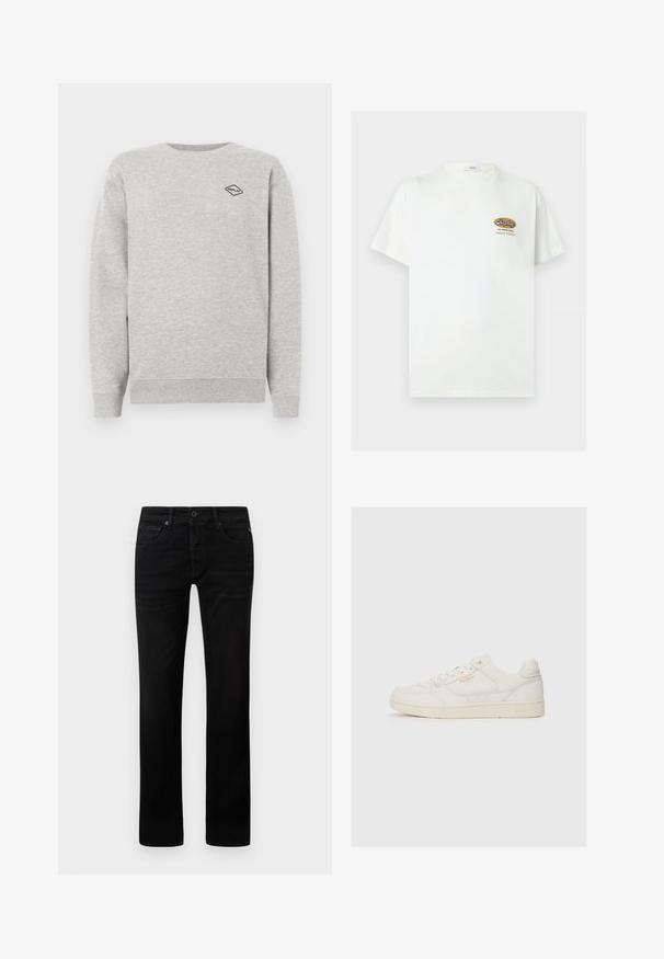 Grauer Sweatshirt aus Baumwollmischung, mit Rundhalsausschnitt und gerippten Bündchen. Ein kleines schwarzes Diamantlogo ist auf der Brust gestickt.; Weißes T-Shirt mit kurzen Ärmeln und kleinem braun-schwarzem „Replay The Denim Goods Superior Standard“-Logo auf der linken Brust.; Schwarze Jeans aus Denim mit geradem Schnitt. Mit Reißverschluss, fünf Taschen und minimalen Abzeichnungen auf dem Stoff.; Weiße Leder-Sneaker mit glatter Textur, versehen mit perforierten Akzenten, Schnürung an der Vorderseite und einem subtilen Logo in Gold an der Seite.