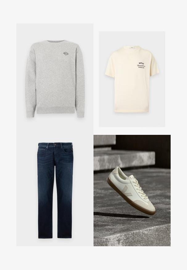 Grijze sweatshirt gemaakt van een katoenmix, met een ronde hals en geribbelde manchetten. Een klein zwart diamantlogo is geborduurd op de borst.; Crèmekleurig T-shirt met korte mouwen met zwarte tekst "REPLAY Squadra Corse ADRENALINA" op de linkerborst en een ronde halslijn.; Donkerblauwe denim jeans met een rechte pijpdesign, vijf-pocketstijl en een zichtbare knoopsluiting in de taille. Soepele textuur.; Witte leren sneakers met een bruine rubberen zool, platte veters en een V-vormig accent aan de zijkant. Ze hebben een glad oppervlak en minimale stikdetails.