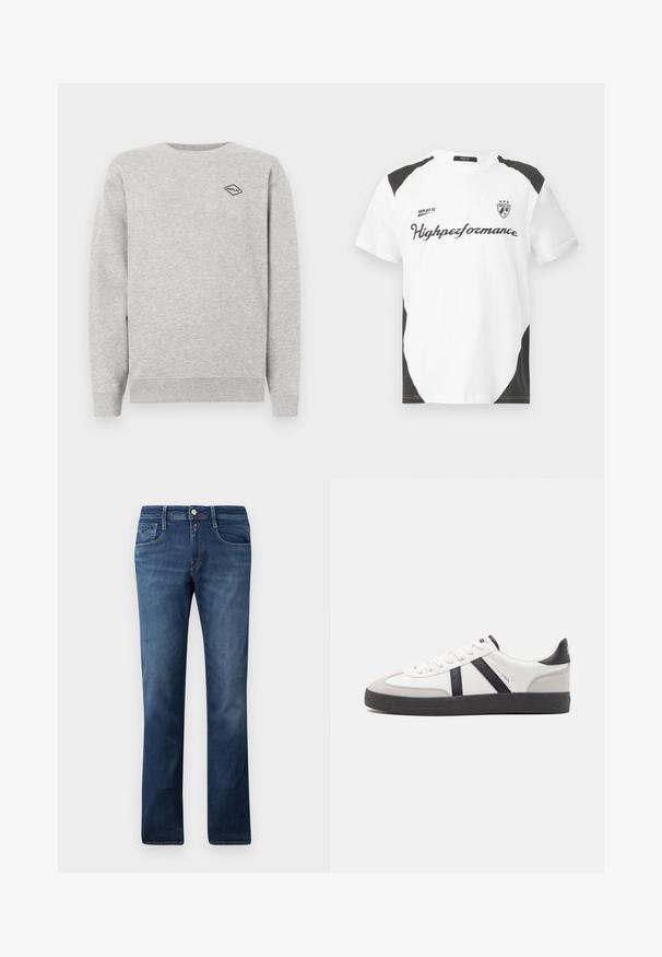 Grauer Sweatshirt aus Baumwollmischung, mit Rundhalsausschnitt und gerippten Bündchen. Ein kleines schwarzes Diamantlogo ist auf der Brust gestickt.; Weißes Kurzarm-T-Shirt mit schwarzen Akzenten. Verfügt über das Logo "REPLAY FC" und den Text "Highperformance" in einer sportlichen Schriftart. Hergestellt aus einem glatten Material.; Blaue Denim-Jeans mit geradem Schnitt, ausgestattet mit Fronttaschen, einem Reißverschluss und einem Knopfverschluss. Mittlere Waschung mit subtilen Ausbleichungen.; Weiße Sneaker mit schwarz- und grau-aczenten, ausgestattet mit einer strukturierten grauen Zehenkappe, schwarzer Gummi-Sohle und flachen weißen Schnürsenkeln. Sauberes Design, minimalistische Stil.