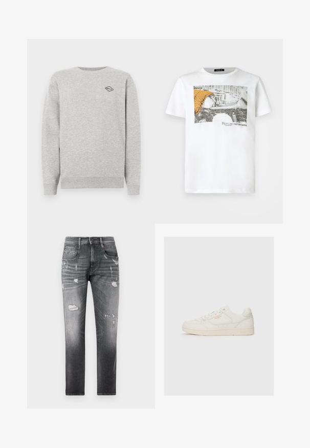 Grå sweatshirt lavet af en blanding af bomuld, med rund halsudskæring og ribbede manchetter. Et lille sort diamantlogo er broderet på brystet.; Hvid T-shirt med korte ærmer med sort-hvidt motorcykelmotiv, orange leopardmønstret stof og teksten "Replay Custom Garage" på forsiden.; Falmede sorte denimjeans med slidte lapper. Har fem lommer, en knaplukning og en lige ben-design.; Hvide lædersneakers med en glat overflade, der har perforerede detaljer, snørebånd fortil og et diskret logo i guld nær siden.